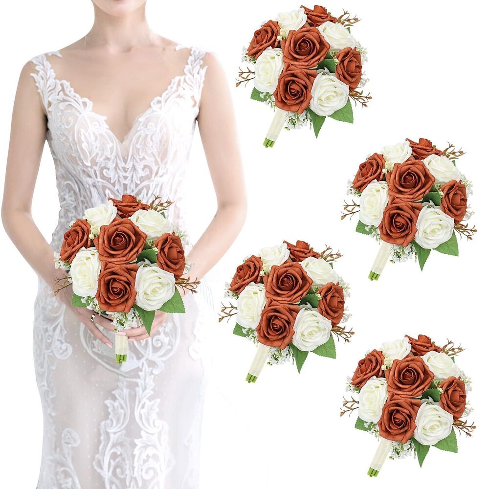 8419 Artificial Bridesmaid Bouquets Set of 4 - Wedding Bouquet Burnt Orange